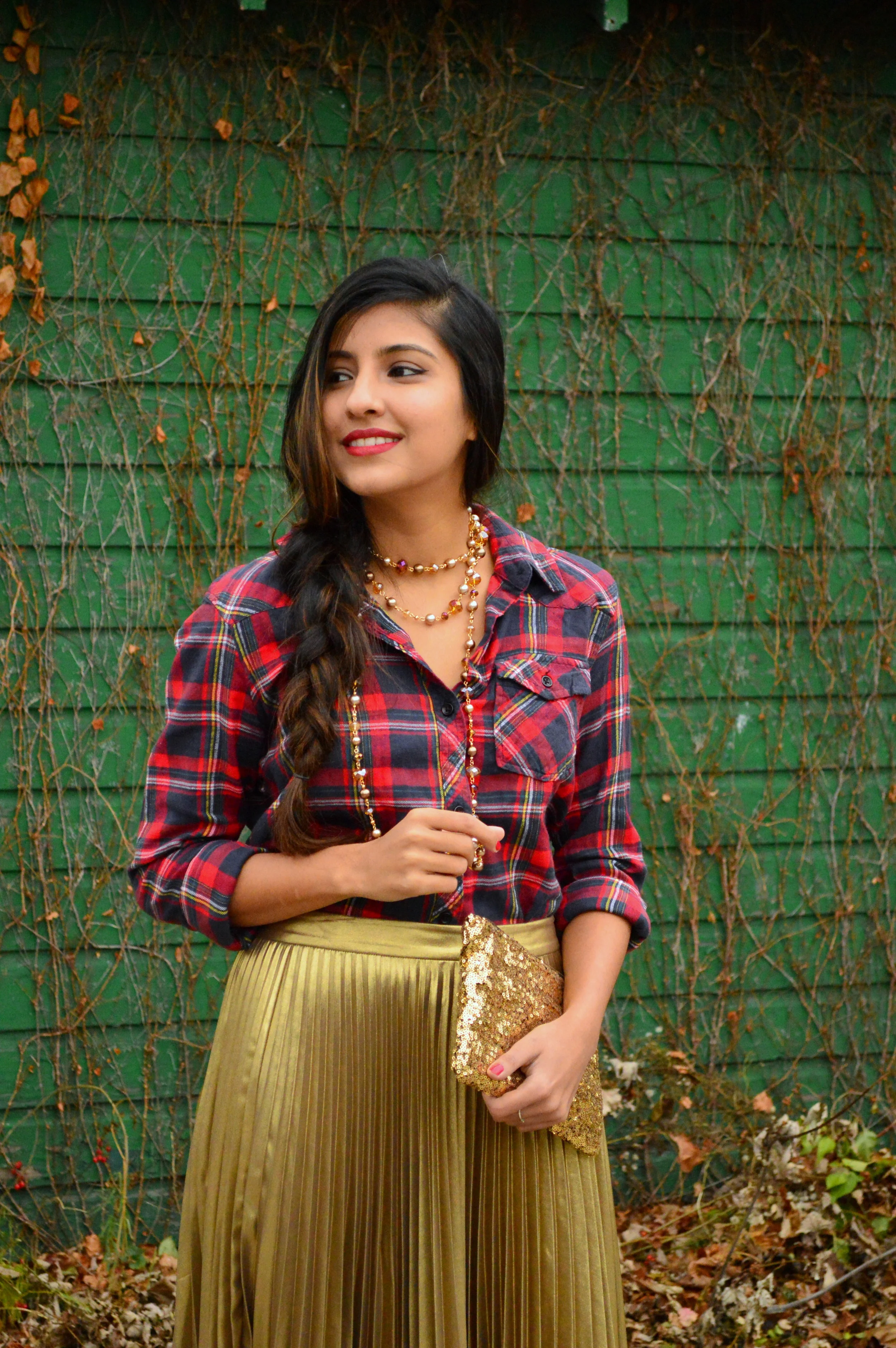 Flannel top gold skirt